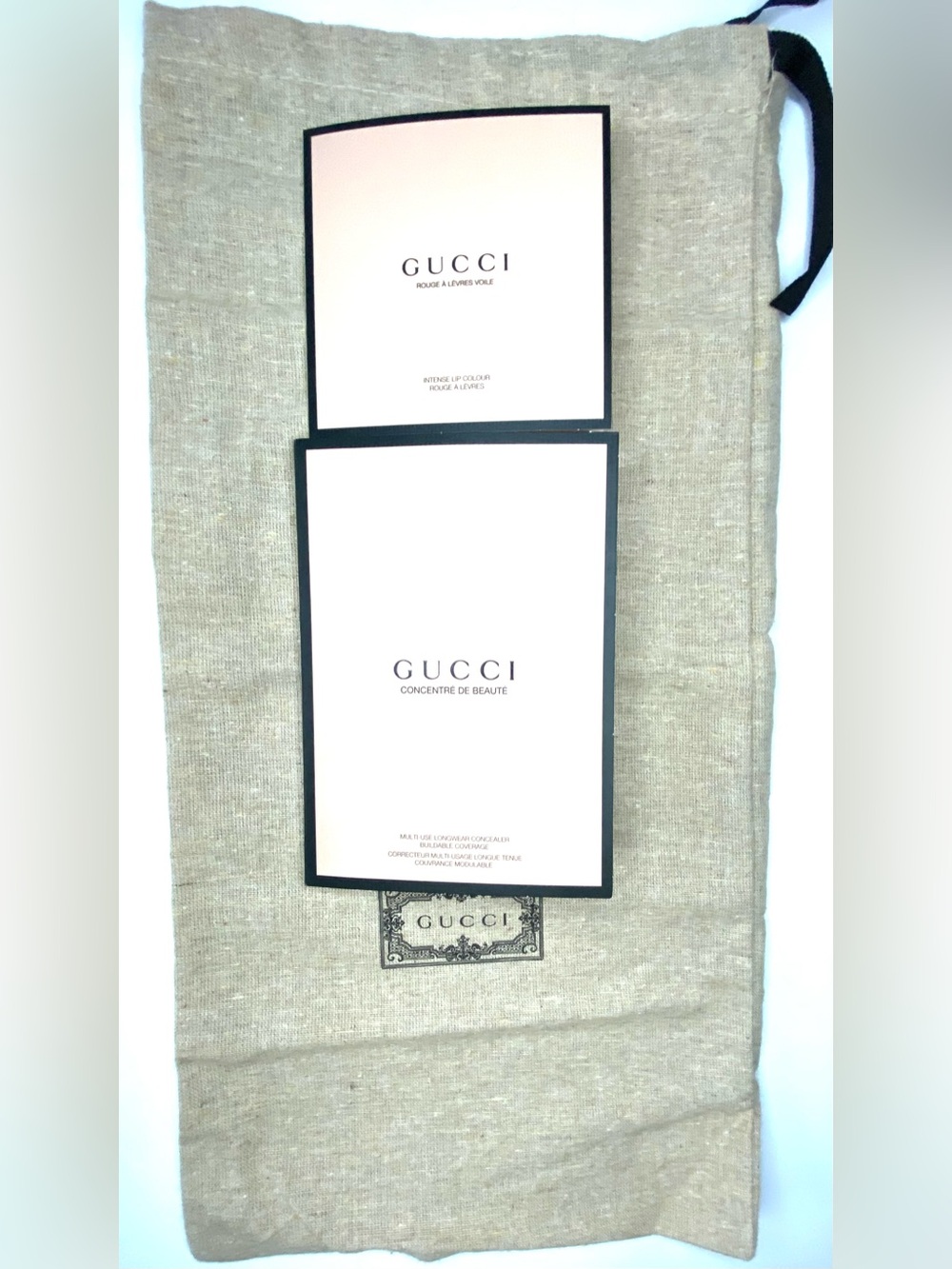 Gucci Natural Beige Linen Drawstring Pouch with Logo plus 2 samples